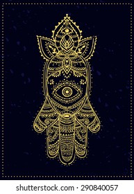 Ornament card with hamsa. Geometric circle element made in vector. Perfect  cards for any other kind of design, birthday and other holiday, kaleidoscope,  medallion, yoga, india, arabic