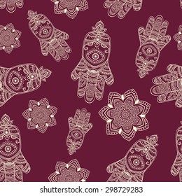 Ornament card with hamsa. Geometric circle element made in vector. Perfect  cards for any other kind of design, birthday and other holiday, kaleidoscope,  medallion, yoga, india, arabic
