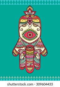 Ornament card with hamsa. Geometric circle element made in vector. Perfect  cards for any other kind of design, birthday and other holiday, kaleidoscope,  medallion, yoga, india, arabic