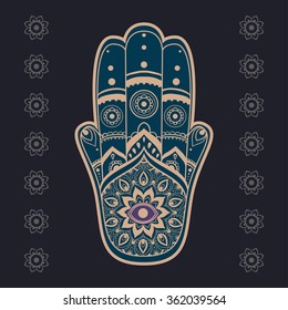 Ornament card with hamsa. Geometric circle element made in vector. Perfect  cards for any other kind of design, birthday and other holiday, kaleidoscope,  medallion, yoga, india, arabic