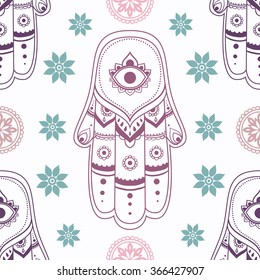 Ornament card with hamsa. Geometric circle element made in vector.Hamsa pattern symbo traditional, kaleidoscope, medallion, yoga, india, arabic