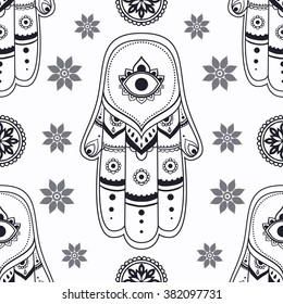 Ornament card with hamsa. Geometric circle element made in vector. Talisman ornamental hamsa, symbol Eye protection. Kaleidoscope,  medallion, yoga, india, Arabic