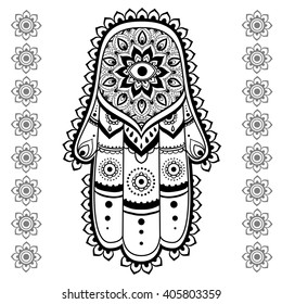 Ornament card with hamsa. Geometric circle element made in vector. Talisman ornamental hamsa, symbol Eye protection. Kaleidoscope,  medallion, yoga, india, arabic