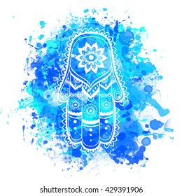 Ornament card with hamsa. Geometric circle element made in vector. Talisman ornamental hamsa, symbol Eye protection. Kaleidoscope,  medallion, yoga, india, arabic