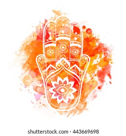 Ornament card with hamsa. Geometric circle element made in vector. Talisman ornamental hamsa, symbol Eye protection. Kaleidoscope,  medallion, yoga, india, arabic