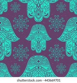 Ornament card with hamsa. Geometric circle element made in vector. Talisman ornamental hamsa, symbol Eye protection. Kaleidoscope,  medallion, yoga, india, arabic