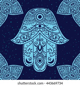 Ornament card with hamsa. Geometric circle element made in vector. Perfect  cards for any other kind of design, birthday and other holiday, kaleidoscope,  medallion, yoga, india, arabic