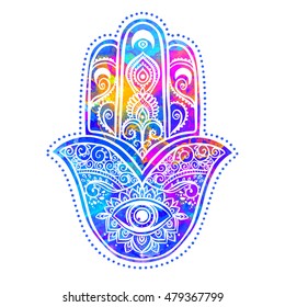 Ornament card with hamsa. Geometric circle element made in vector. Talisman ornamental pattern, symbol Eye protection. Watercolor