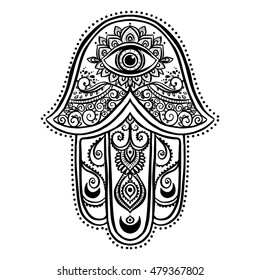 Ornament card with hamsa. Geometric circle element made in vector. Talisman ornamental symbol Eye protection. 