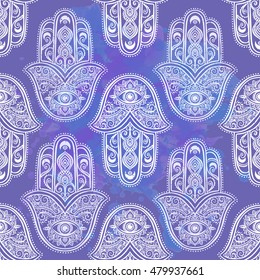 Ornament card with hamsa. Geometric circle element made in vector. Talisman ornamental hamsa, symbol Eye protection. Kaleidoscope,  pattern, yoga, india, arabic