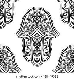 Ornament card with hamsa. Geometric circle element made in vector. Talisman ornamental hamsa, symbol Eye protection. Kaleidoscope,  medallion, yoga, india, arabic