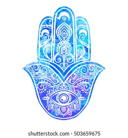 Ornament card with hamsa. Geometric circle element made in vector. Talisman ornamental hamsa, symbol Eye protection. 