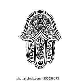 Ornament card with hamsa. Geometric circle element made in vector. Talisman ornamental hamsa, symbol Eye protection.