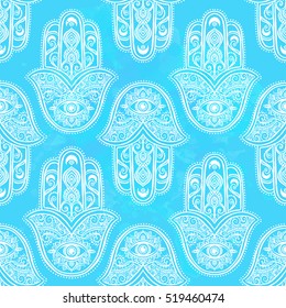 Ornament card with hamsa. Geometric circle element made in vector. Talisman ornamental hamsa, symbol Eye protection. Kaleidoscope,  medallion, yoga, india, arabic