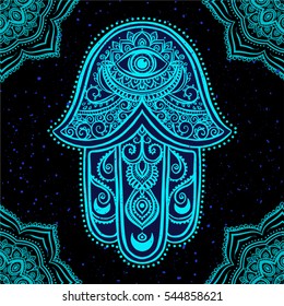 Ornament card with hamsa. Geometric circle element made in vector. Talisman ornamental hamsa, symbol Eye protection. Kaleidoscope, medallion, yoga, india, arabic