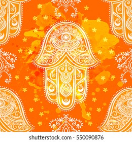 Ornament card with hamsa. Geometric circle element made in vector. Talisman ornamental hamsa, symbol Eye protection. Kaleidoscope, medallion, yoga, india, arabic