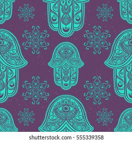 Ornament card with hamsa. Geometric circle element made in vector. Perfect cards for any other kind of design, birthday and other holiday, kaleidoscope, medallion, yoga, india, arabic