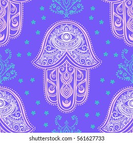 Ornament card with hamsa. Geometric circle element made in vector. Talisman ornamental hamsa, symbol Eye protection. Kaleidoscope, medallion, yoga, india, arabic