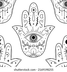 Ornament card with hamsa. Geometric line art vector. Talisman ornamental hamsa seamless pattern