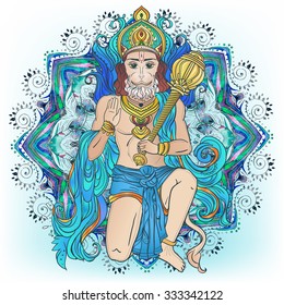 Ornament card with of Lord Hanuman. Illustration of Happy Dussehra. Perfect  cards for any other kind of design, birthday and other holiday, kaleidoscope,  medallion, yoga, india, arabic