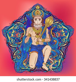 Ornament card with of Lord Hanuman. Illustration of Happy Dussehra. Perfect  cards for any other kind of design, birthday and other holiday, kaleidoscope,  medallion, yoga, india, arabic