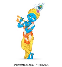 Ornament card with Lord Shri Krishna birthday. Illustration in vector art. Happy Janmashtami Day Hindu. Vedic Feast India. Use for banners, card, wallpaper, print. Cartoon little baby krishna image