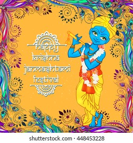 Ornament card with Lord Shri Krishna birthday. Illustration in vector art. Happy Janmashtami Day Hindu. Vedic Feast India. Use for banners, card, wallpaper, print. Cartoon little baby krishna image