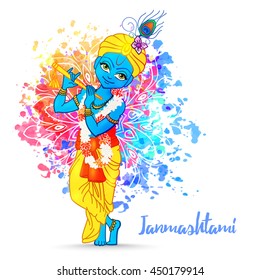 Ornament card with Lord Shri Krishna birthday. Illustration in vector art. Happy Janmashtami Day Hindu. Vedic Feast India. Use for banners, card, wallpaper, print. Cartoon little baby krishna image