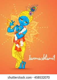 Ornament card with Lord Shri Krishna birthday. Illustration in vector art. Happy Janmashtami Day Hindu. Vedic Feast India. Use for banners, card, wallpaper, print. 