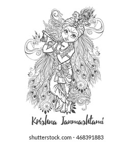 Carta de honor con el cumpleaños de Lord Shri Krishna. Ilustración en el arte vectorial. Fiesta védica India. Uso para banners, tarjetas, papel pintado, impresión. Pistola