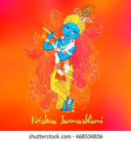 Ornament card with Lord Shri Krishna birthday. Illustration in vector art. Happy Janmashtami Day Hindu. Vedic Feast India. Use for banners, card, wallpaper, print. Cartoon little baby krishna image