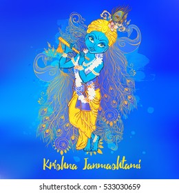 Ornament card with Lord Shri Krishna birthday with peacock. Illustration in vector art. Happy Janmashtami Day Hindu. Vedic Feast India. Use for banners, card, wallpaper, print. 