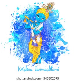 Ornament card with Lord Shri Krishna birthday. Illustration in vector art. Happy Janmashtami Day Hindu. Vedic Feast India. Use for banners, card, wallpaper, print. Cartoon little baby krishna image