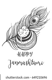 Ornament card with Lord Shri Krishna birthday. Illustration in vector art. Happy Janmashtami Day Hindu. Vedic Feast India. Use for banners, card, wallpaper, print. Inscription  lettering