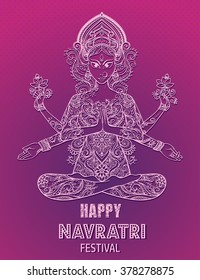 Ornament card with of Maa Durga. Illustration of Happy Navratri. Happy Maha Shivaratri. Navratri Festival 2016 date is falling on 1st October as per Hindu calendar. In Sanskrit means Nine Nights. Yoga