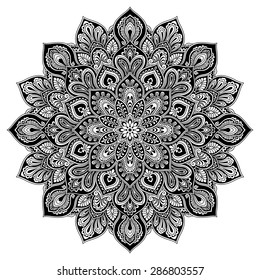 Tarjeta decorativa con mandala. Elemento de círculo geométrico hecho en vector. Tarjeta para cualquier otro tipo de diseño, cumpleaños, otras vacaciones, caleidoscopio, medallón, yoga, india, folk, árabe.Negro 