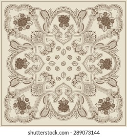 Ornament card with mandala. Geometric quadratic element with flowers made in vector. Card for any kind of design, birthday, holiday, kaleidoscope, yoga, india, folk, arabic. Brown and beige 