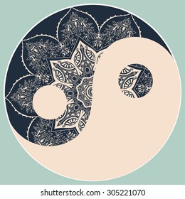 Ornament  card with mandala Yin Yang. Geometric circle element made in vector. Perfect  cards for any other kind of design, birthday and other holiday, kaleidoscope,  medallion, yoga, india, arabic