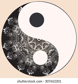 Ornament  card with mandala Yin Yang. Geometric circle element made in vector. Perfect  cards for any other kind of design, birthday and other holiday, kaleidoscope,  medallion, yoga, India, arabic