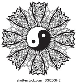 Ornament  card with mandala Yin Yang. Geometric circle element made in vector. Perfect  cards for any other kind of design, birthday and other holiday, kaleidoscope,  medallion, yoga, india, arabic