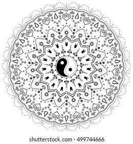 Ornament card with mandala Yin Yang. Spirituality medallion, yoga, india, arabic.  Tattoo henna mandala. Mehndi style. Paisley background. Tao decorative oriental symbol of harmony, balance. Vintage.