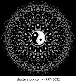Ornament card with mandala Yin Yang. Spirituality medallion, yoga, india, arabic.  Tattoo henna mandala. Mehndi style. Paisley background. Tao decorative oriental symbol of harmony, balance. Vintage.