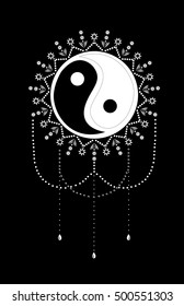 Ornament card with mandala Yin Yang. Spirituality medallion, yoga, india, arabic.  Tattoo henna mandala. Mehndi style. Paisley background. Tao decorative oriental symbol of harmony, balance. Vintage.