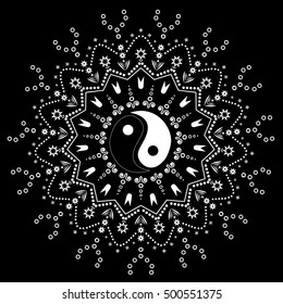 Ornament card with mandala Yin Yang. Spirituality medallion, yoga, india, arabic.  Tattoo henna mandala. Mehndi style. Paisley background. Tao decorative oriental symbol of harmony, balance. Vintage.