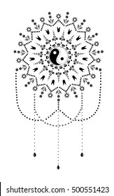 Ornament card with mandala Yin Yang. Spirituality medallion, yoga, india, arabic.  Tattoo henna mandala. Mehndi style. Paisley background. Tao decorative oriental symbol of harmony, balance. Vintage.