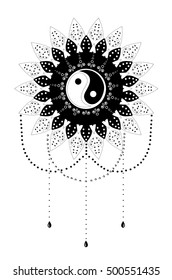 Ornament card with mandala Yin Yang. Spirituality medallion, yoga, india, arabic.  Tattoo henna mandala. Mehndi style. Paisley background. Tao decorative oriental symbol of harmony, balance. Vintage.