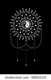 Ornament card with mandala Yin Yang. Spirituality medallion, yoga, india, arabic.  Tattoo henna mandala. Mehndi style. Paisley background. Tao decorative oriental symbol of harmony, balance. Vintage.