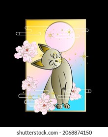 Ornament mit Katzenbild und Blumenvektorgrafik