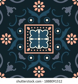 Ornament for ceramic tiles. Vector design with a floral pattern. Portuguese, Indian, Spanish, Arabic motive.