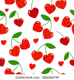 Ornament with cherry hearts seamless pattern for Valentine's day. Vector graphics